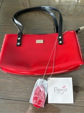 Red Patent Shoulder Bag with Black Handles